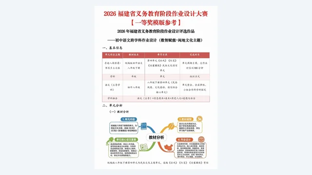 一等奖模板首页：初中语文跨学科作业设计的基本信息与单元分析